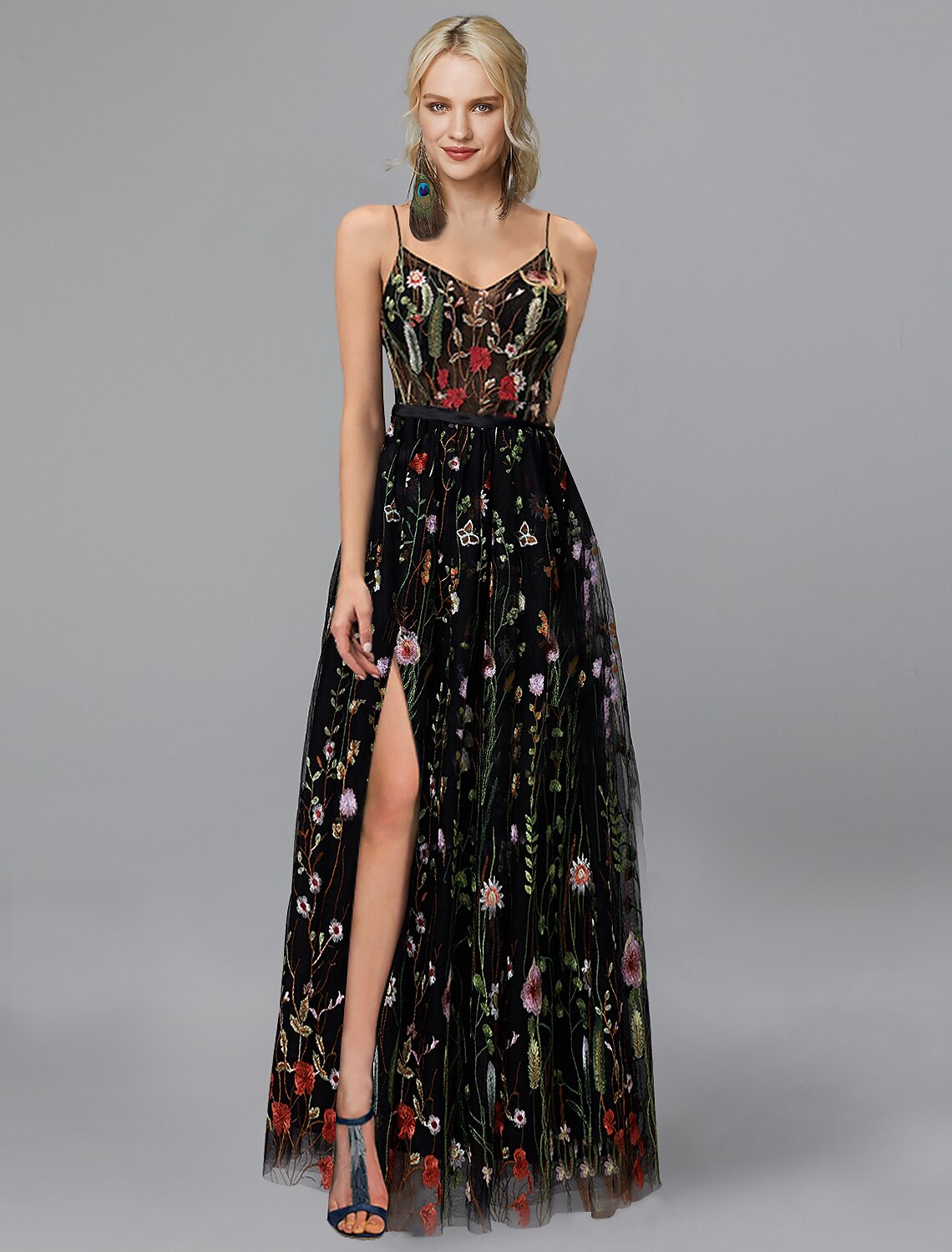 A-Linie Ballkleider Elegantes Kleid Hochzeitsgast Formeller Abend Bodenlang Ärmellos Spaghettiträger Chiffon mit Schlitzapplikationen